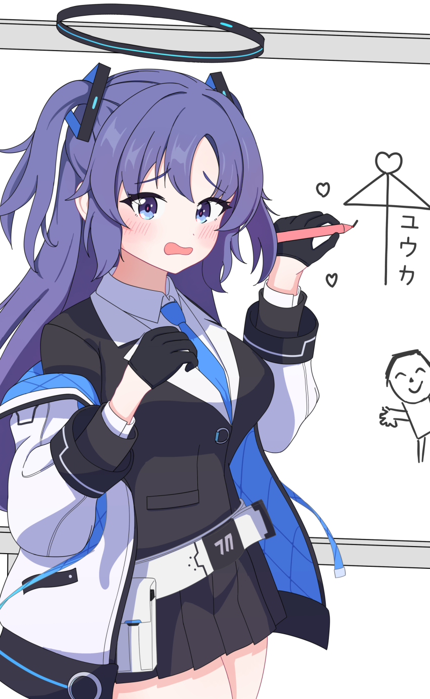 1girl absurdres ai_ai_gasa belt black_gloves black_halo black_jacket black_skirt blue_archive blue_necktie blush breasts coat collarbone commentary doodle_sensei_(blue_archive) drawing_(action) embarrassed fortysansan gloves hair_between_eyes hair_ornament halo highres jacket long_sleeves mechanical_halo medium_breasts necktie purple_eyes purple_hair sensei_(blue_archive) shirt sidelocks skirt standing translated two_side_up wavy_mouth white_background white_coat white_shirt whiteboard yuuka_(blue_archive)
