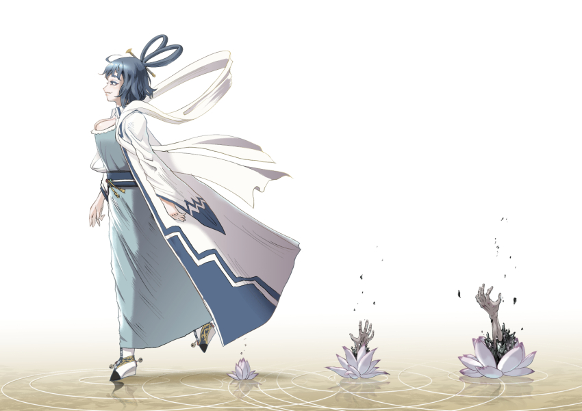 1girl alternate_costume blue_dress blue_hair chinese_clothes dress flower hagoromo hair_ornament hair_rings hair_stick hat_ornament kaku_seiga looking_forward lotus miyako_yoshika open_clothes open_vest ripples shawl sukkiri_place ten_desires touhou vest walking white_shawl