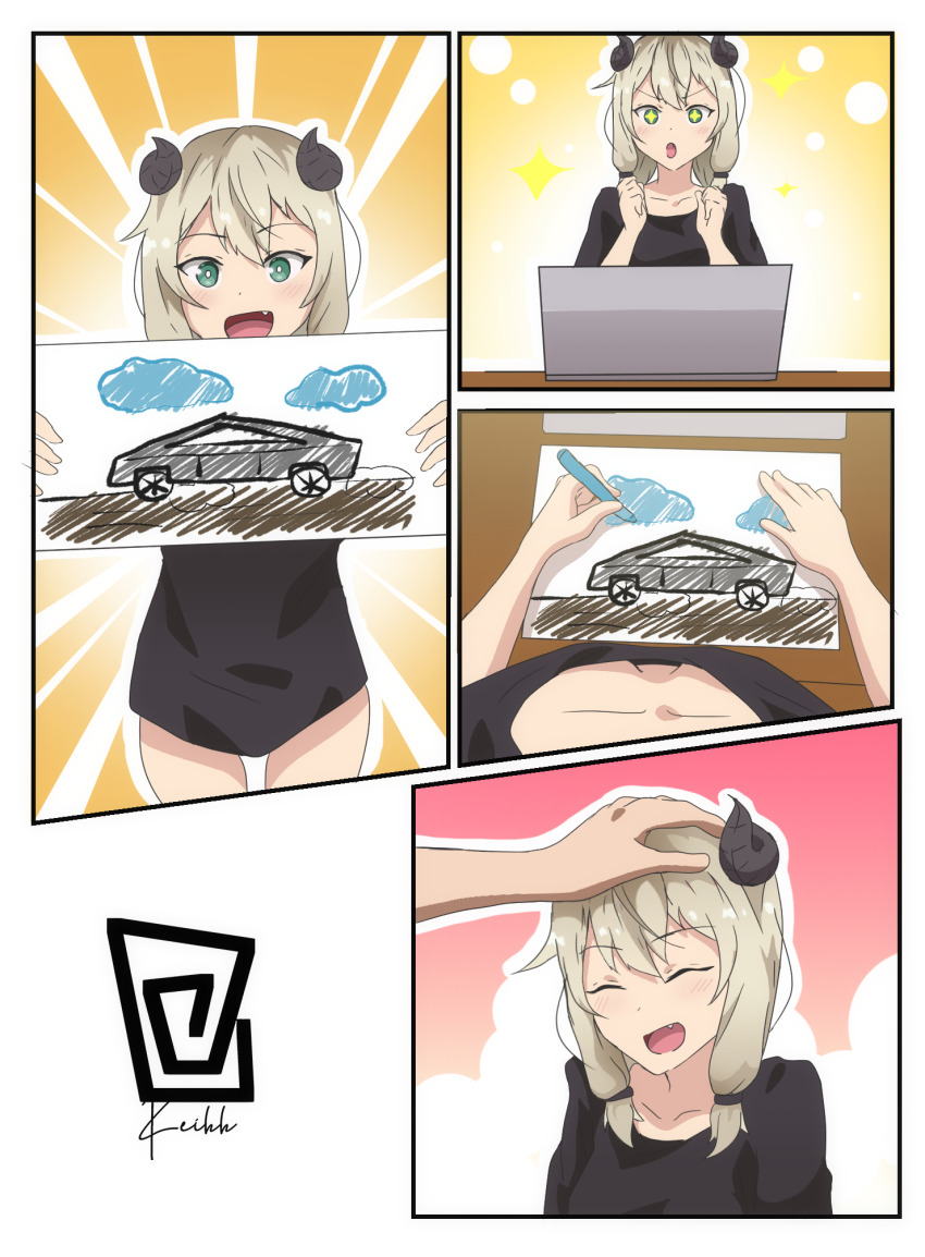 &gt;:o +_+ 1girl :d black_shirt blonde_hair blush breasts car child&#039;s_drawing comic crayon downblouse drawing fang from_above green_eyes hand_on_another&#039;s_head headpat highres horns keihh motor_vehicle no_bra no_pants open_mouth original out_of_frame shirt small_breasts smile sparkle tesla_(company) v-shaped_eyebrows