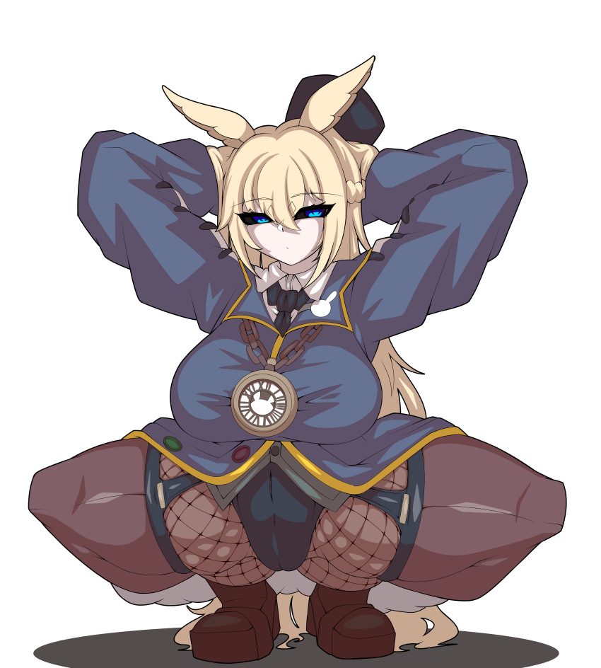 1girl arms_behind_head black_hat black_sclera blonde_hair blue_coat blue_eyes breasts brown_shoes closed_mouth coat collared_shirt colored_sclera curvy full_body gabutto_today grimms_echoes hat huge_breasts long_hair looking_at_viewer shirt shoes simple_background solo spread_legs squatting top_hat void_white_rabbit_(grimms_echoes) white_background white_shirt
