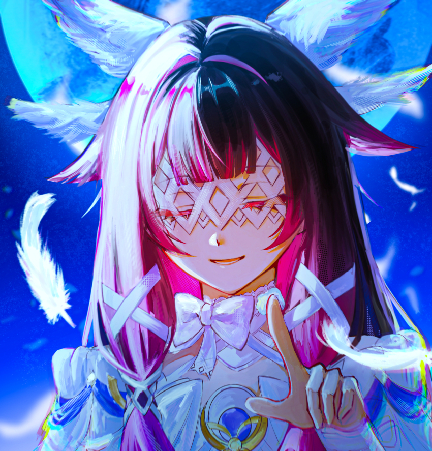 1girl black_hair choker closed_eyes columbina_(genshin_impact) falling_feathers feathered_wings feathers genshin_impact hair_ribbon head_wings highres multiple_wings open_mouth pink_hair ribbon saina_(pixiv87171260) sidelocks smile solo white_choker white_feathers white_mask wings