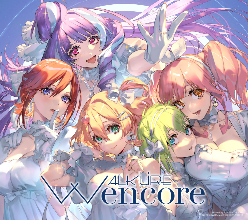 5girls artist_name blue_eyes blue_hair bow breasts cleavage diffraction_spikes dress finger_to_mouth freyja_wion gloves green_eyes green_hair hair_bow hair_bun hairband hand_on_another&#039;s_shoulder highres kaname_buccaneer looking_at_viewer macross macross_delta makina_nakajima medium_breasts medium_hair mikumo_guynemer mita_chisato multicolored_hair multiple_girls official_art open_mouth orange_eyes pink_eyes purple_hair reina_prowler short_hair shushing single_hair_bun small_breasts smile streaked_hair twintails w walkure_(macross_delta) white_bow white_dress white_gloves white_hairband