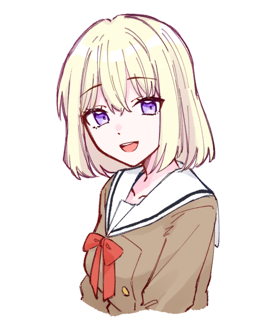 1girl :d bang_dream! bang_dream!_it&#039;s_mygo!!!!! blonde_hair bob_cut breasts brown_dress collarbone commentary cropped_torso dress hanasakigawa_school_uniform highres long_sleeves looking_at_viewer medium_breasts misumi_uika neck_ribbon open_mouth purple_eyes red_ribbon ribbon sailor_collar sailor_dress school_uniform short_hair simple_background smile solo teeth upper_teeth_only white_background white_sailor_collar winter_uniform zangemiya