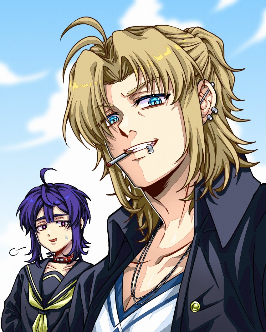 1boy 1girl absurdres black_serafuku blonde_hair blue_eyes cigarette collar day degrees_of_lewdity earrings highres jewelry lip_piercing lip_ring looking_at_viewer outdoors piercing pink_eyes player_character_(degrees_of_lewdity) player_character_(female)_(degrees_of_lewdity) purple_hair red_collar school_uniform serafuku whitney_(degrees_of_lewdity) whitney_(male)_(degrees_of_lewdity) yukiyo_(yuzukiyo_rkgk) yuzukiyo