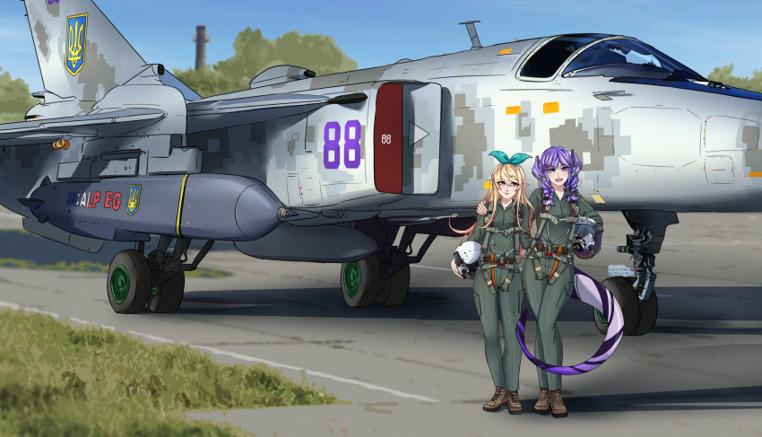 2girls absurdres aircraft airplane artist_name black_gloves blonde_hair blue_sky blush bow braid dragon_girl dragon_tail fairy fighter_jet flight_suit full_body g-suit gloves grass green_jumpsuit green_ribbon hair_behind_ear hair_ornament hair_ribbon hand_on_another&#039;s_shoulder head_wings helmet heterochromia highres jumpsuit korzynka_persykiv long_hair looking_at_viewer military military_vehicle multiple_girls nijisanji nijisanji_en open_mouth outdoors pilot pilot_helmet pointy_ears pomu_rainpuff purple_hair purple_wings red_eyes ribbon russo-ukrainian_war selen_tatsuki signature sky smile storm_shadow_(missile) su-24 tail tongue tongue_out tryzub twin_braids ukraine virtual_youtuber wings