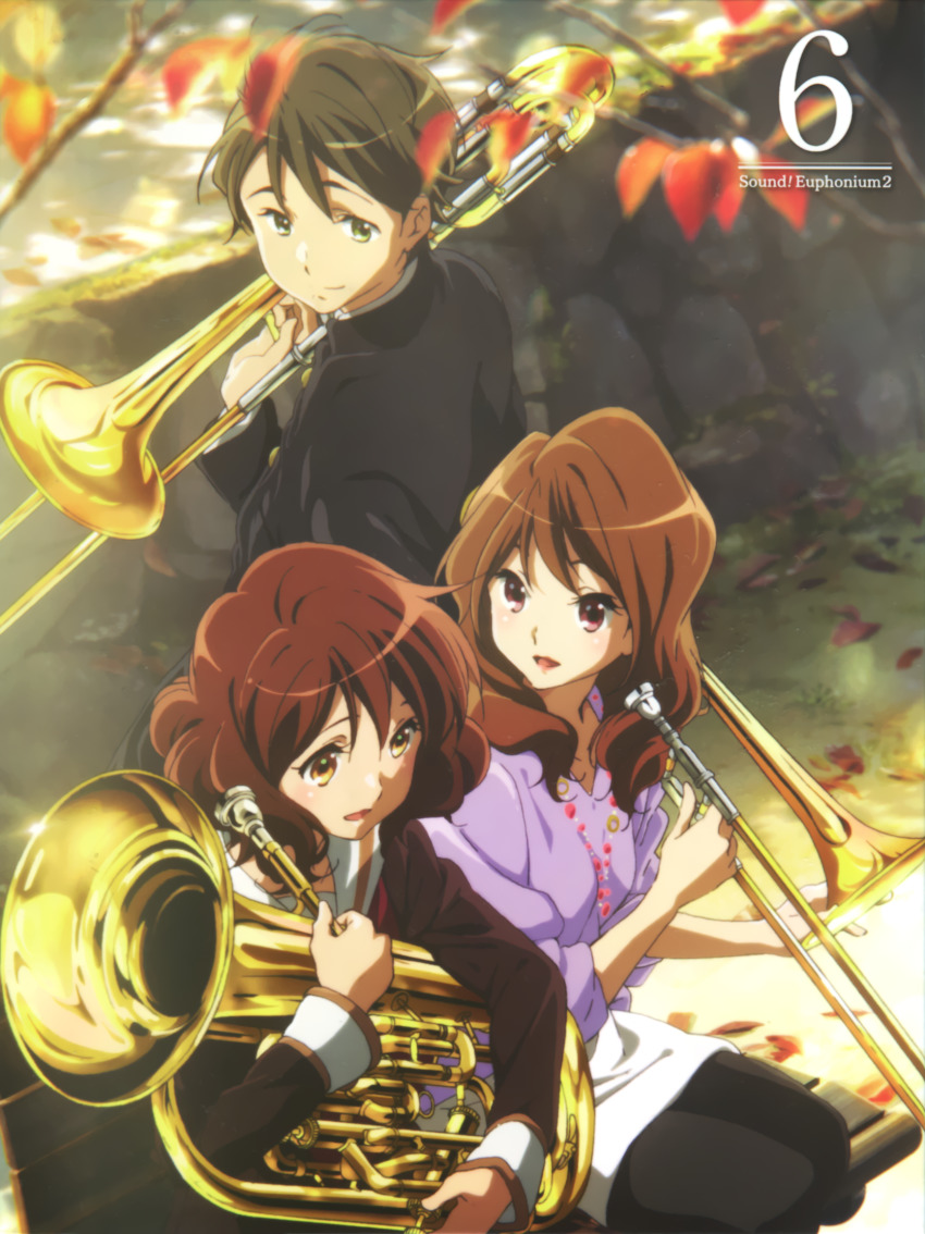 1boy 2girls album_cover black_pantyhose black_shirt brown_eyes brown_hair brown_shirt brown_skirt closed_mouth cover euphonium green_eyes hibike!_euphonium highres holding holding_instrument ikeda_shouko instrument kitauji_high_school_uniform leaf long_hair long_sleeves looking_at_another looking_down multiple_girls neckerchief official_art oumae_kumiko oumae_mamiko outdoors pantyhose parted_lips pink_eyes pink_shirt pleated_skirt red_neckerchief sailor_collar scan school_uniform serafuku shirt short_hair siblings sisters sitting skirt smile tree trombone tsukamoto_shuuichi white_sailor_collar white_shirt white_skirt