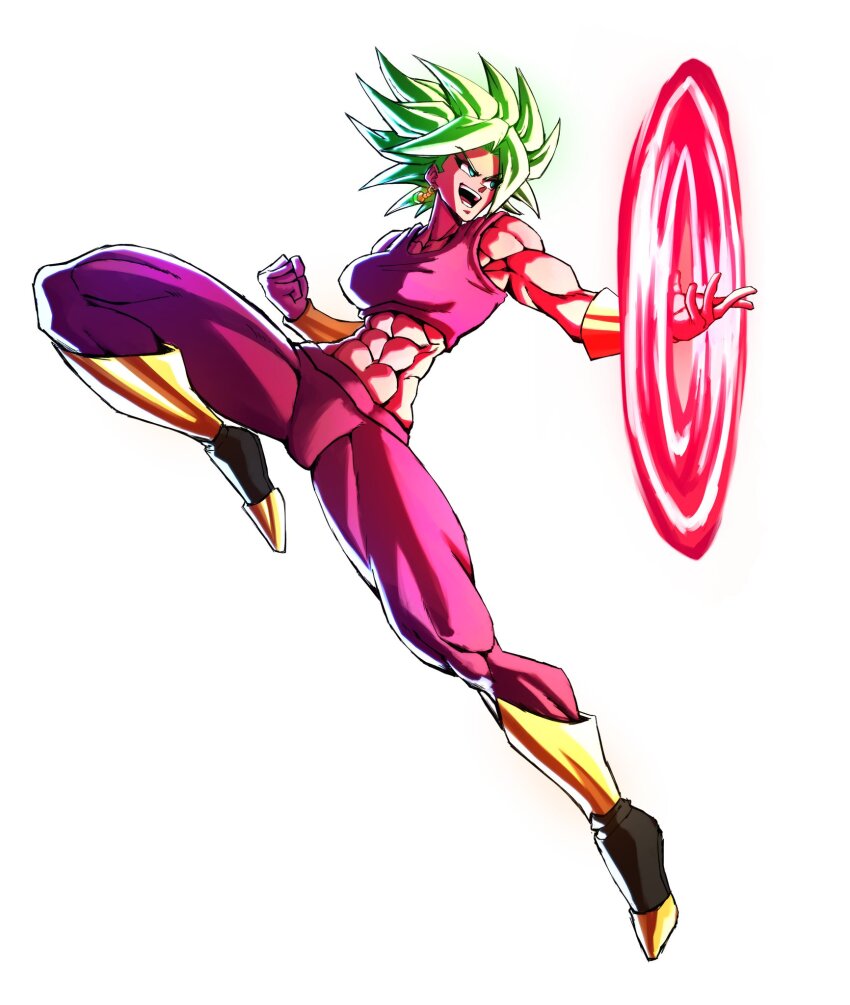 1girl abs blue_eyes boots bracelet breasts dragon_ball dragon_ball_super earrings energy floating_hair full_body green_hair highres jewelry kefla_(dragon_ball) ki_blast kuurantto large_breasts muscular muscular_female navel one_leg_raised open_mouth pants potara_earrings smile spiked_hair tiptoes white_background