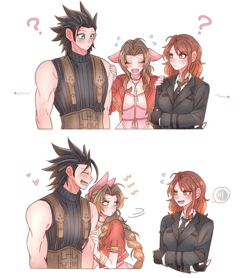 1boy 2girls 7_(milu577610) ? aerith_gainsborough arrow_(symbol) bare_shoulders black_gloves black_hair black_jacket black_necktie blue_eyes blush braid braided_ponytail brown_eyes brown_hair cissnei collared_shirt crossed_arms dress final_fantasy final_fantasy_vii final_fantasy_vii_ever_crisis final_fantasy_vii_rebirth final_fantasy_vii_remake fingerless_gloves flying_sweatdrops gloves green_eyes hair_ribbon hand_on_another&#039;s_shoulder heart highres jacket jealous leaning_on_person long_hair looking_at_another motion_lines multiple_girls necktie open_clothes open_jacket open_mouth parted_bangs pink_dress pink_ribbon ponytail red_jacket ribbed_sweater ribbon shirt simple_background single_sidelock sleeveless sleeveless_turtleneck spiked_hair suspenders sweatdrop sweater turtleneck turtleneck_sweater upper_body white_background white_shirt zack_fair