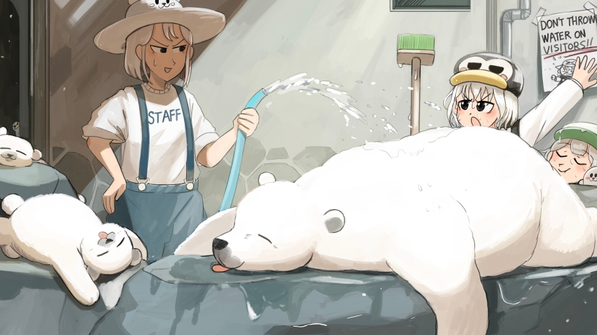 3girls absurdres bear bird blue_pants closed_eyes commentary diva_(hyxpk) donut_stamp duck english_commentary green_hat grey_hair hat highres holding holding_hose hose multiple_girls pants penguin_hat penguin_keeper_(diva) polar_bear polar_bear_keeper_(diva) seal_keeper_(diva) shirt short_hair slice_of_life suspenders tongue tongue_out water white_shirt zoo zookeeper zookeepers_(diva)