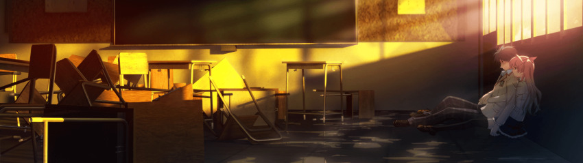 1boy 1girl 3d_background arms_around_waist between_legs black_thighhighs blazer blue_hair bow broken_glass broken_window brown_jacket chair chalkboard chaos;head chaos;head_love_chu_chu! classroom collared_shirt couple depressed desk ears_visible_through_hair earthquake full_body game_cg glass grey_eyes hair_bow hetero highres hug hug_from_behind indoors jacket lapels long_hair long_sleeves looking_at_another looking_down loose_necktie matsuo_yukihiro narrowed_eyes necktie nishijou_takumi non-web_source notched_lapels official_art on_floor one_side_up open_collar pants pink_bow pink_hair plaid_clothes plaid_necktie plaid_pants plaid_skirt purple_pants red_trim sad sakihata_rimi school school_chair school_desk school_emblem school_uniform shirt short_hair side_ponytail sitting skirt spread_legs suimei_academy suimei_school_uniform sunlight sunset thighhighs thighs white_petticoat white_shirt window zettai_ryouiki