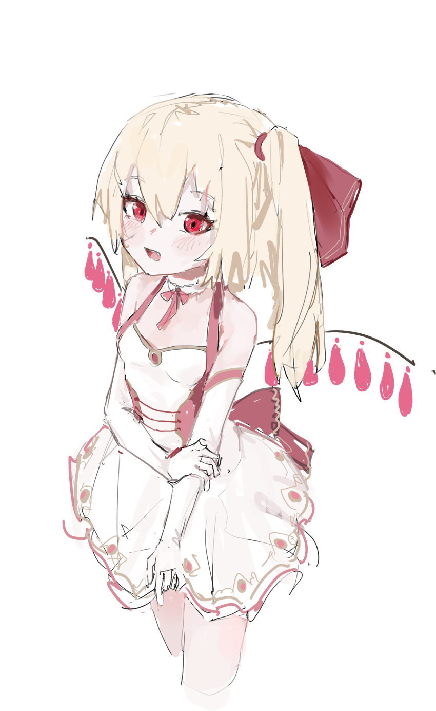 1girl absurdres alternate_costume alternate_wings blonde_hair blush breasts cowboy_shot cropped_legs dress elbow_gloves fang flandre_scarlet gloves hair_between_eyes highres medium_hair no_headwear off-shoulder_dress off_shoulder one_side_up open_mouth red_eyes reddizen small_breasts solo touhou white_dress white_gloves wings