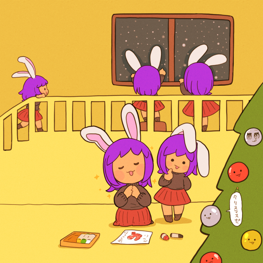 5girls :3 absurdres animal_ears arm_behind_back blush christmas_tree closed_eyes commentary_request cookie_(touhou) crayon fake_hisui_(cookie) full_body grey_shirt highres indoors muimui_(4242564muimui) multiple_girls multiple_persona open_mouth purple_hair rabbit_ears rabbit_girl red_skirt reisen_udongein_inaba shirt short_hair skirt smile solid_circle_eyes touhou translation_request window