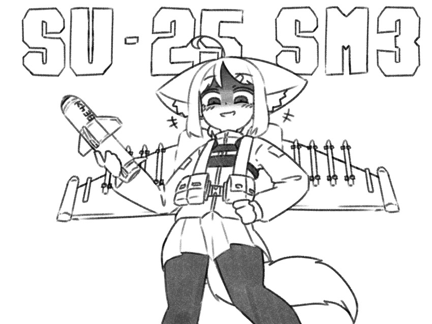 animal_ears black_pantyhose english_text fox_ears fox_tail highres holding holding_missile holding_weapon looking_at_viewer medium_hair military missile pantyhose simple_background sketch skirt smile su-25 tail vulcan_rumia war_thunder weapon white_background