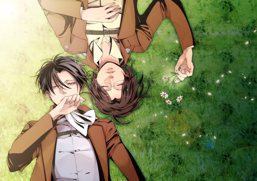 1boy 1girl ascot bad_id bad_pixiv_id black_hair brown_hair field flower glasses hange_zoe jacket levi_(shingeki_no_kyojin) lying shingeki_no_kyojin shirai