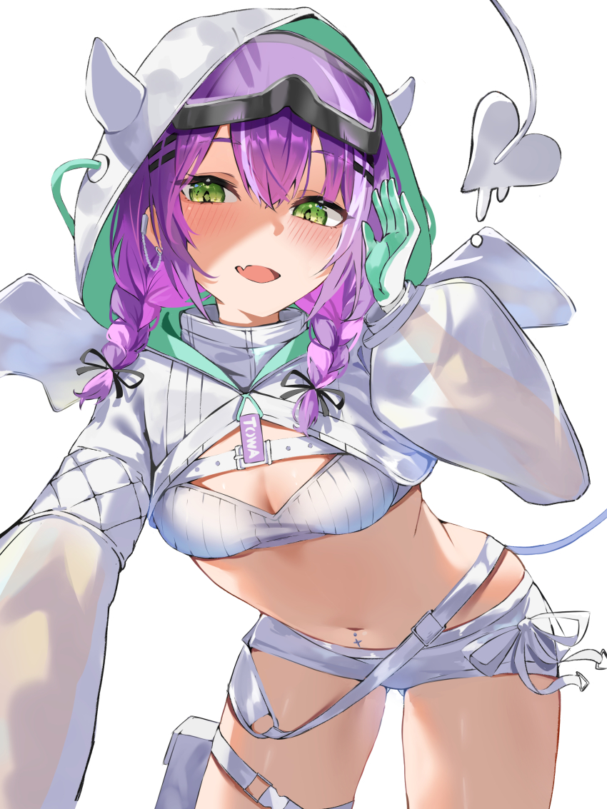 1girl absurdres breasts colored_inner_hair demon_girl demon_tail demon_wings ear_piercing gloves goggles goggles_on_head green_eyes highres hip_tattoo hololive knee_pads long_hair long_sleeves looking_at_viewer medium_breasts midriff multicolored_hair nagiushi navel navel_piercing official_alternate_costume piercing pink_hair ponytail purple_hair see-through_clothes see-through_sleeves short_shorts shorts small_breasts solo streaked_hair tail tokoyami_towa tokoyami_towa_(cyberpunk) virtual_youtuber white_gloves white_shorts wings