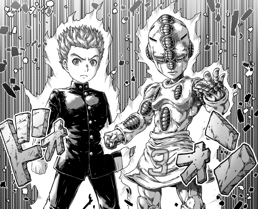 2boys diamond_wa_kudakenai echoes_(stand) echoes_act3 fish.boy gakuran greyscale highres hirose_koichi jojo_no_kimyou_na_bouken katakana male_focus monochrome multiple_boys school_uniform sound_effects stand_(jojo)