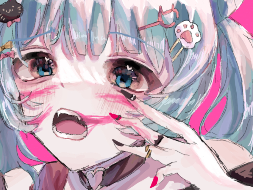 1girl animal_(vocaloid) animal_ears black_nails black_shirt blue_eyes cat_hair_ornament choker fangs hair_ornament hatsune_miku jewelry long_hair looking_at_viewer nail_polish open_mouth shirt solo twintails user_vrrg3827 vocaloid