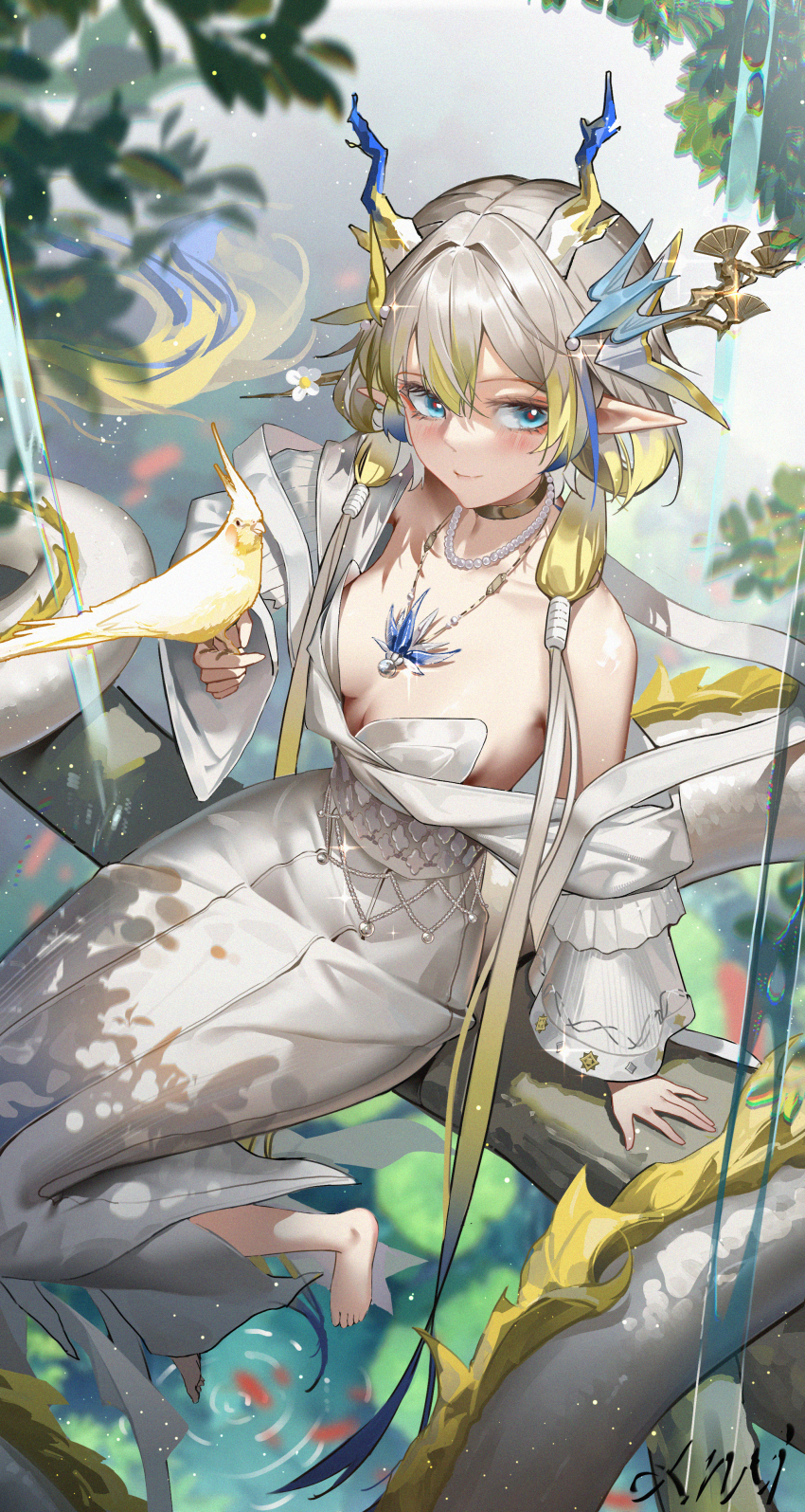 1girl absurdres alternate_costume arknights barefoot bird bird_on_hand blue_eyes breasts chinese_commentary closed_mouth collarbone commentary_request dragon_girl dragon_horn dragon_tail dress feet hair_between_eyes highres huade_xiami jewelry large_tail long_dress looking_at_viewer medium_breasts necklace outdoors pointy_ears shu_(arknights) shu_(bingwenyuyou)_(arknights) single_bare_shoulder sitting sitting_on_branch smile solo tail toes white_dress