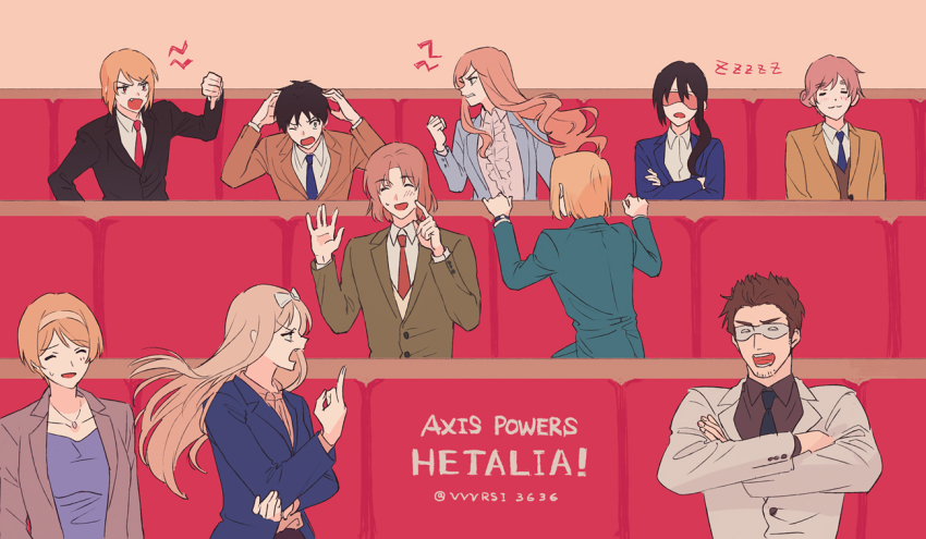 4girls 6+boys ^_^ angry arguing axis_powers_hetalia belarus_(hetalia) black_hair blonde_hair blouse blue_necktie brown_hair brown_suit bulgaria_(hetalia) closed_eyes copyright_name crossed_arms facial_hair finger_to_cheek formal_clothes green_suit hairband hungary_(hetalia) jewelry lithuania_(hetalia) long_hair mask meeting middle_finger multiple_boys multiple_girls necklace necktie nervous_smile new_zealand_(hetalia) open_mouth poland_(hetalia) red_necktie romania_(hetalia) shirt short_hair shouting siblings sisters sleep_mask sleeping smile stubble suit sweatdrop thick_eyebrows thumbs_down turkey_(hetalia) ukraine_(hetalia) uwu vietnam_(hetalia) vvvrsi3636 watching zzz
