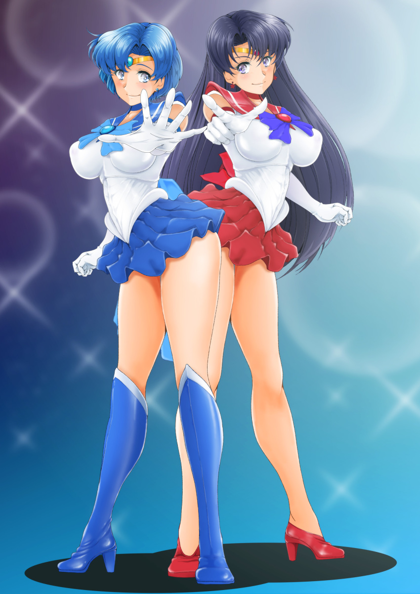 2girls absurdres back_bow bishoujo_senshi_sailor_moon black_hair blue_background blue_bow blue_bowtie blue_choker blue_eyes blue_footwear blue_gemstone blue_hair blue_sailor_collar blue_skirt boots bow bowtie brooch choker circlet earrings elbow_gloves gem gloves heart heart_brooch high_heel_boots high_heels highres hino_rei jewelry long_hair miniskirt mizuno_ami multiple_girls nanashi_noiji pleated_skirt pointing pointing_at_viewer purple_bow purple_bowtie purple_eyes red_bow red_choker red_footwear red_gemstone red_sailor_collar red_skirt sailor_collar sailor_mars sailor_mercury shirt short_hair short_sleeves skirt star_(symbol) star_earrings stud_earrings swept_bangs white_gloves white_shirt