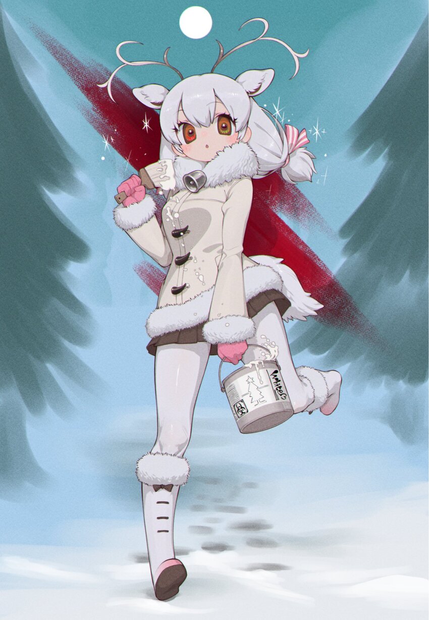 1girl animal_ears antlers bell blush boots brown_skirt coat commentary_request deer_ears deer_tail extra_ears fur_collar fur_trim gloves highres horns kemono_friends long_hair long_sleeves neck_bell notora paint_can paintbrush pantyhose pink_gloves pleated_skirt red_eyes reindeer_antlers reindeer_girl skirt snow solo tail twintails white_boots white_coat white_fur white_hair white_paint white_pantyhose white_reindeer_(kemono_friends) winter_clothes winter_coat
