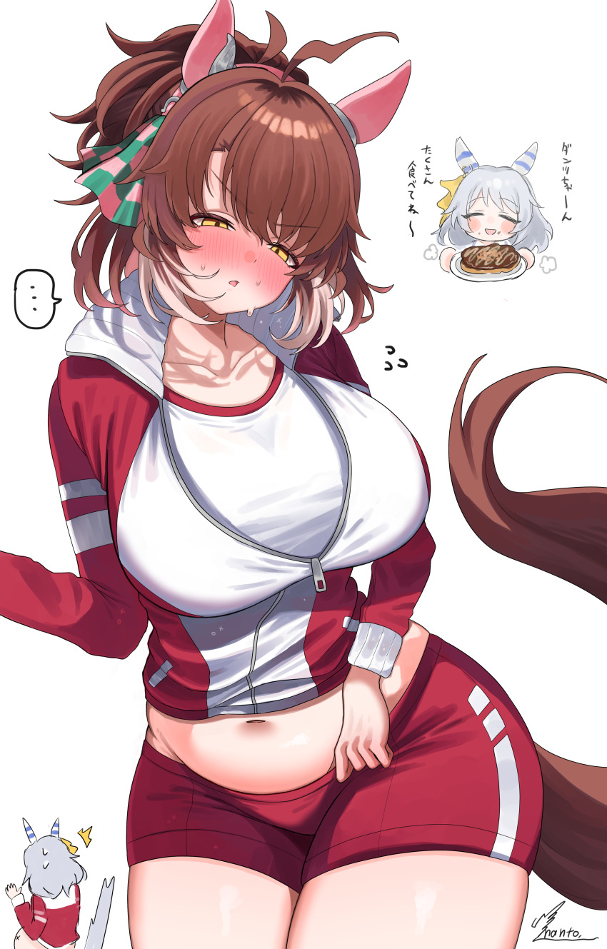 ... 2girls absurdres animal_ears artist_name belly bow brown_hair commentary_request dantsu_flame_(umamusume) ear_covers ear_ribbon food full_stomach grey_hair gym_shirt highres hishi_miracle_(umamusume) holding holding_plate horse_ears horse_girl horse_tail multiple_girls navel occhahoi pants plate red_pants red_shorts shirt shorts simple_background tail takatu_nanto thighs tracen_training_uniform translation_request umamusume white_background yellow_eyes