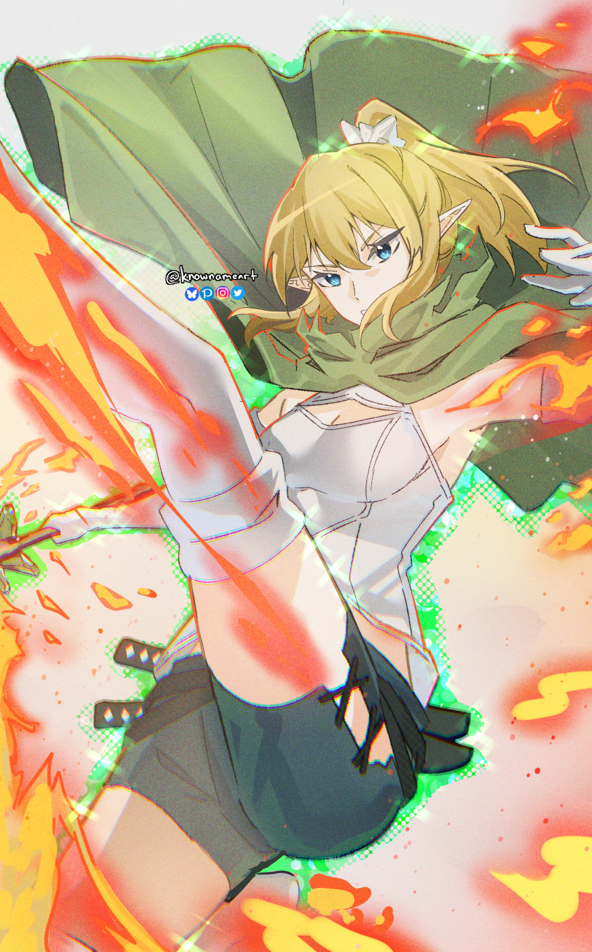 1girl absurdres armpits blonde_hair blue_eyes bluesky_logo breasts cape cleavage_cutout clothing_cutout dungeon_ni_deai_wo_motomeru_no_wa_machigatteiru_darou_ka elbow_gloves elf fire gloves green_cape green_outline green_shorts hair_ornament highres holding holding_weapon instagram_logo knowname leg_up long_hair looking_at_viewer outline pixiv_logo pointy_ears ponytail ryu_lion sheath sheathed shirt shorts sleeveless sleeveless_shirt small_breasts solo sword thighhighs twitter_logo twitter_username wakizashi weapon white_gloves white_shirt white_thighhighs