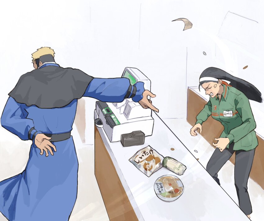 1boy 1girl anger_vein black_capelet black_hair capelet cash_register convenience_store goenitz highres kagura_chizuru long_hair money oni_gini shop the_king_of_fighters uniform