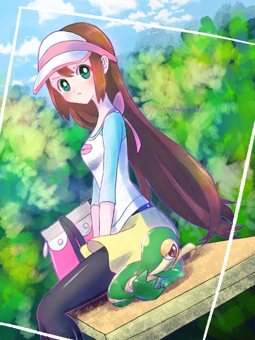 1girl black_pantyhose blue_eyes breasts brown_hair gen_5_pokemon hair_down highres long_hair nintendo pantyhose pantyhose_under_shorts pokemon pokemon_(creature) pokemon_bw2 pokepokekonpeki raglan_sleeves rosa_(pokemon) shorts snivy visor_cap yellow_shorts