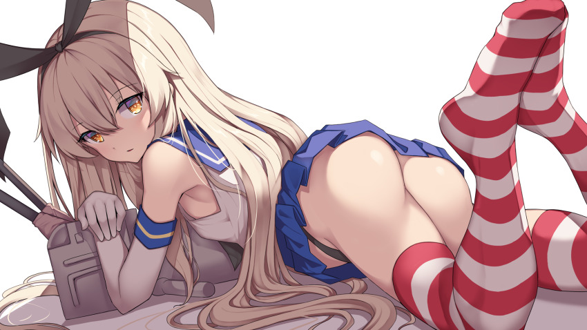 1girl animal_ear_hairband animal_ears armpits ass bare_shoulders black_hairband black_panties black_ribbon blonde_hair blue_sailor_collar blue_skirt blue_trim breasts collared_shirt commentary creek_(moon-sky) crossed_arms elbow_gloves fake_animal_ears feet_up from_behind from_side gloves hair_between_eyes hair_ribbon hairband highres kantai_collection light_blush long_hair looking_back looking_to_the_side lying miniskirt on_stomach panties parted_lips rabbit_ear_hairband rabbit_ears red_thighhighs rensouhou-chan ribbon sailor_collar school_uniform serafuku shaded_face shimakaze_(kancolle) shirt skirt sleeveless sleeveless_shirt small_breasts solo striped_clothes striped_thighhighs thighhighs underwear very_long_hair white_gloves white_shirt white_thighhighs white_trim yellow_eyes