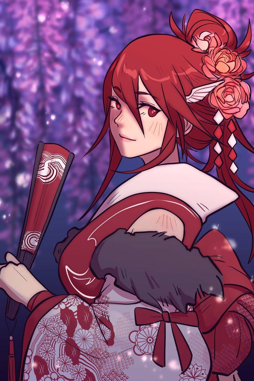1girl absurdres blush commentary cordelia_(fire_emblem) english_commentary faithom feather_hair_ornament feathers fire_emblem fire_emblem_awakening flower flower_hairpin folding_fan fur-trimmed_kimono fur_trim hair_ornament hand_fan highres holding holding_fan japanese_clothes kimono looking_at_viewer nintendo ponytail print_folding_fan red_eyes red_hair red_shirt shirt smile white_kimono wisteria