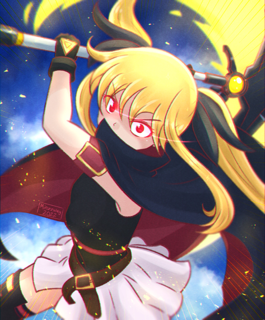 1girl 2022 armband artist_name bardiche_(nanoha) bardiche_(scythe_form)_(nanoha) belt black_bow black_cape black_gloves blonde_hair blue_sky bow brown_belt cape cloud fate_testarossa fate_testarossa_(movie_1st_form) gloves hair_bow highres lyrical_nanoha mahou_shoujo_lyrical_nanoha minzzway red_eyes skirt sky sleeveless solo thighhighs thighs twintails white_skirt