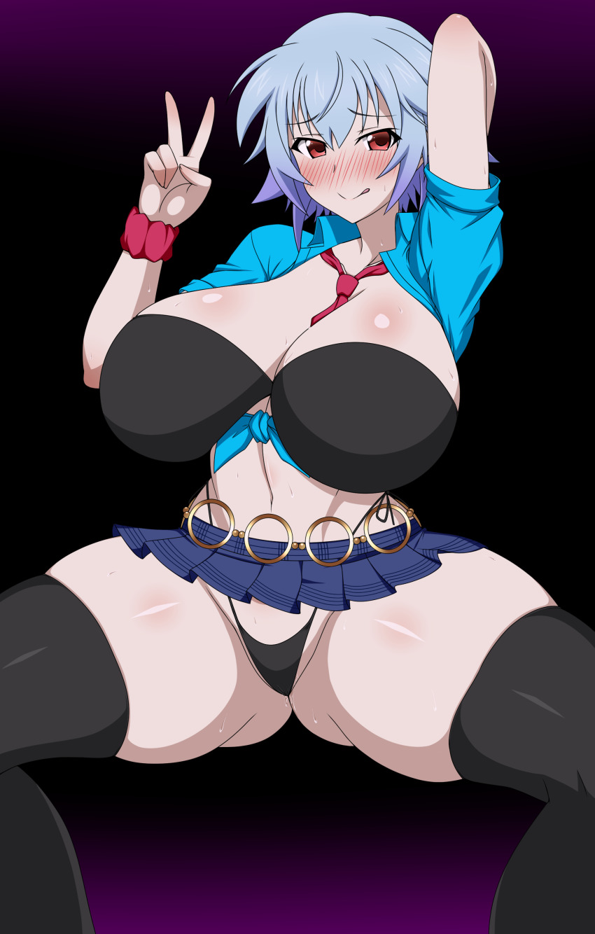 1girl :p absurdres arm_up between_breasts bikini bikini_under_clothes black_bikini blue_hair blush breasts front-tie_top gluteal_fold highres infinite_stratos large_breasts looking_at_viewer necktie necktie_between_breasts red_eyes red_necktie sarashiki_tatenashi senki_zesshou_symphogear shiny_skin short_hair skindentation skirt solo space_gorilla spread_legs sweat swimsuit thick_thighs thighs tongue tongue_out v
