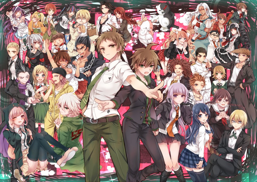 10s 6+boys 6+girls absolutely_everyone ahoge annotated apron asahina_aoi bandages black_hair blonde_hair blue_eyes blue_hair bow bowtie braid breasts brown_hair celestia_ludenberg cham-p chuunibyou claw_ring cleavage closed_eyes danganronpa danganronpa/zero danganronpa:_trigger_happy_havoc danganronpa_(series) danganronpa_2:_goodbye_despair danganronpa_kirigiri dark_skin ear_piercing enoshima_junko everyone face_piercing formal_clothes freckles fujisaki_chihiro fukawa_toko glasses gloves green_eyes hagakure_yasuhiro hair_ornament hairclip hanamura_teruteru highres hinata_hajime hood hoodie ishimaru_kiyotaka jacket japanese_clothes kirigiri_kyoko koizumi_mahiru komaeda_nagito kuwata_leon kuzuryu_fuyuhiko lip_piercing long_hair maizono_sayaka matsuda_yasuke mioda_ibuki miyuzu mole monokuma monomi_(danganronpa) multicolored_hair multiple_boys multiple_girls muscular muscular_female naegi_makoto nanami_chiaki necktie nidai_nekomaru nurse ogami_sakura open_mouth otonashi_ryouko owada_mondo owari_akane pekoyama_peko piercing pink_eyes pink_hair ponytail purple_eyes purple_hair red_eyes red_hair ribbon saionji_hiyoko samidare_yui scar school_uniform serafuku short_hair skirt smile soda_kazuichi sonia_nevermind suit tanaka_gundam tanaka_gundham tears thighhighs togami_byakuya togami_byakuya_(danganronpa_2) tsumiki_mikan twin_braids twintails white_hair yamada_hifumi