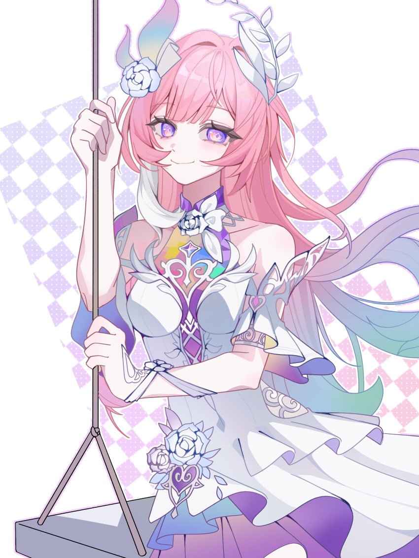 1girl absurdres aqua_hair bare_shoulders breasts chinese_commentary commentary_request cyrene_(honkai:_star_rail) cyrene_(ripples_of_past_reverie)_(honkai:_star_rail) diamond-shaped_pupils diamond_(shape) dress flower gradient_hair hair_flower hair_ornament highres honkai:_star_rail honkai_(series) large_breasts long_hair looking_at_viewer multicolored_hair on_swing pink_hair purple_eyes smile solo swing symbol-shaped_pupils very_long_hair white_dress white_hair zzzz568150
