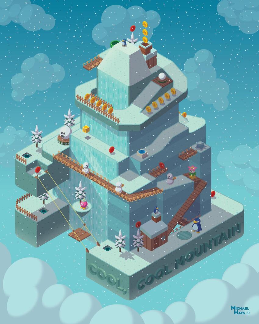 !_block absurdres artist_name block_(object) blue_sky bob-omb_buddy bridge cabin cannon chimney cloud coin commentary dated day english_commentary fence floating_island highres in-universe_location isometric mario_(series) michael_hays mother_penguin mr._blizzard nintendo penguin_(mario) picket_fence ramp red_coin rope scenery ski_lift sky snow snowball snowing snowman spindrift star_(symbol) super_mario_64 tree warp_pipe watermark wooden_bridge wooden_fence