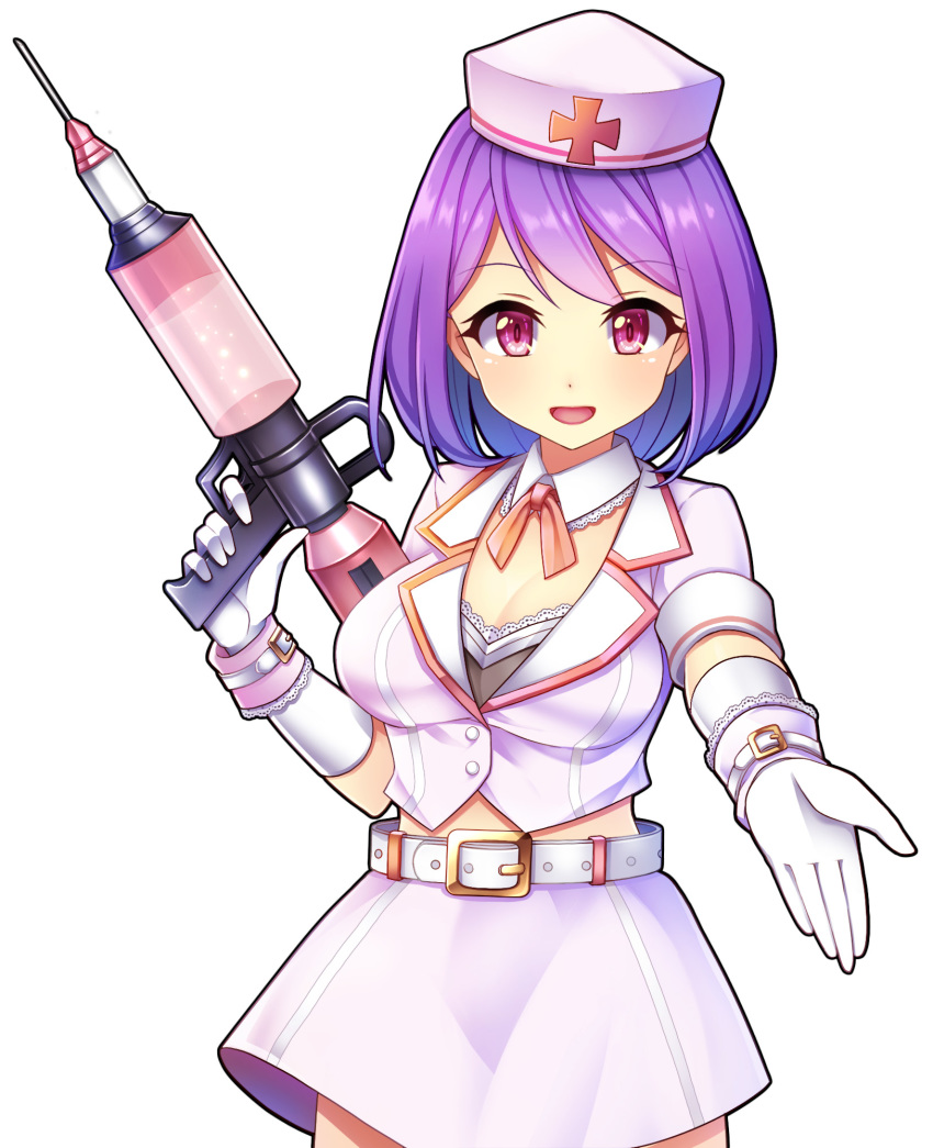 1girl :d belt bra breasts cleavage edamame_senpai female_focus frilled_bra frills g123 gloves gun hat highres holding holding_gun holding_weapon large_breasts looking_at_viewer lumiere_(vivid_army) medium_breasts nurse_cap official_art open_mouth orange_ribbon outstretched_hand pink_eyes pink_skirt purple_hair ribbon short_hair skirt smile solo standing syringe underwear vivid_army weapon white_background white_gloves