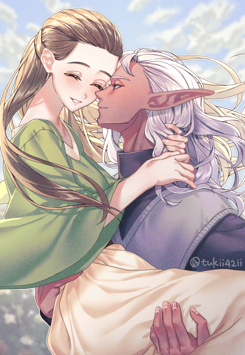 1boy 1girl absurdres black_sweater blush brown_hair carrying closed_eyes closed_mouth commentary_request couple dark-skinned_male dark_elf dark_skin elf elina_(unicorn_overlord) fingernails floating_hair green_shirt grin hetero highres ithilion_(unicorn_overlord) long_hair looking_at_another pointy_ears princess_carry profile purple_vest shirt skirt smile sweater tuki42ii turtleneck turtleneck_sweater twitter_username unicorn_overlord vest white_hair wide_sleeves yellow_skirt