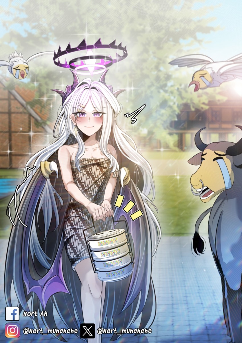 1girl aged_up ahoge alternate_costume bare_shoulders batik bird blue_archive blurry breasts buffalo carrying cleavage collarbone commentary crying_emoji demon_girl demon_horns demon_wings depth_of_field dress earrings emoji facebook_logo facebook_username floating_earrings hair_ornament hairclip halo highres hina_(blue_archive) horns house housewife indonesia instagram_logo instagram_username jewelry long_hair looking_at_viewer meme nort_muhehehe parted_bangs purple_eyes short_dress sidelocks smile sparkle stilt_house strapless strapless_dress tiffin_carrier twitter_logo uohhhhhhhhh!_(meme) village walking wavy_hair white_hair wings