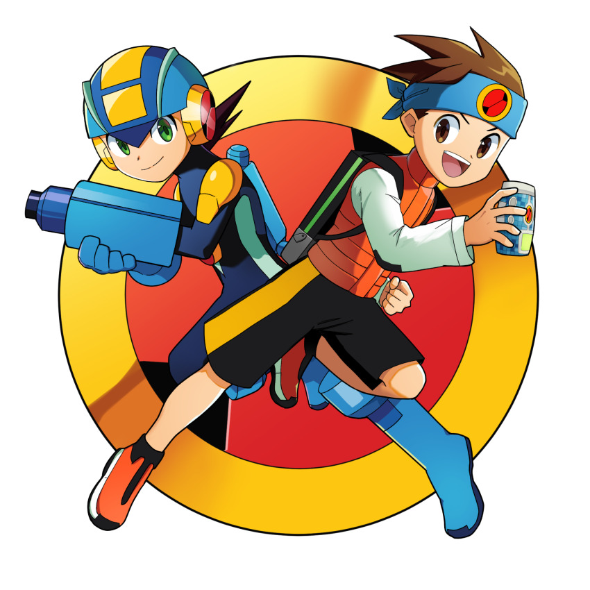 2boys :d android arm_cannon backpack bag blue_gloves blue_headband blue_headwear brown_eyes brown_hair can clenched_hand closed_mouth commentary_request full_body gloves green_eyes happy headband helmet highres holding holding_can lan_hikari_(mega_man) long_sleeves looking_at_viewer male_focus mega_man_(series) mega_man_battle_network_(series) megaman.exe multiple_boys open_mouth orange_shoes orange_vest poshino_pikari shirt shoes short_hair shorts smile spiked_hair teeth transparent_background upper_teeth_only vest weapon white_shirt