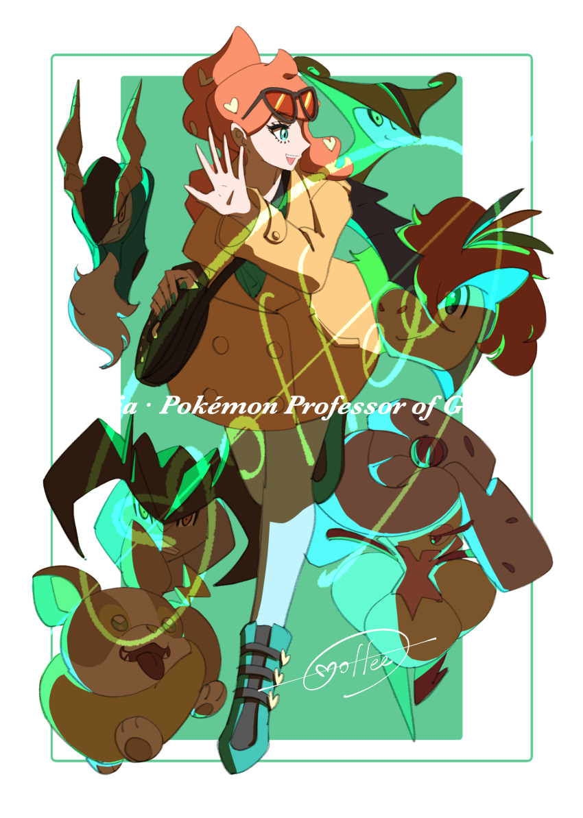 1girl :d absurdres black_bag boots border brown_coat buttons cccacademia coat cobalion eyelashes eyewear_on_head game_freak gen_5_pokemon gen_7_pokemon gen_8_pokemon green_background green_eyes green_footwear green_nails green_shirt hair_ornament hand_up heart heart_hair_ornament highres keldeo leg_up legendary_pokemon long_sleeves looking_to_the_side mixed-language_commentary mythical_pokemon nail_polish nintendo open_mouth orange_hair pants pokemon pokemon_(creature) pokemon_swsh shirt signature smile sonia_(pokemon) sunglasses teeth terrakion tsareena upper_teeth_only virizion white_border yamper