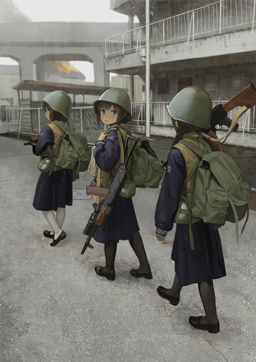 3girls absurdres ak-74 aks-74 aks-74u assault_rifle backpack bag braid brown_hair building canteen combat_helmet fence fire from_behind garoppui gp-25 grenade_launcher grey_sky gun helmet highres holding holding_gun holding_weapon kalashnikov_rifle light_machine_gun loafers long_hair long_sleeves looking_back machine_gun military multiple_girls original overcast pantyhose rifle rpk-74 school_uniform serafuku shoes short_hair skirt sky underbarrel_grenade_launcher weapon