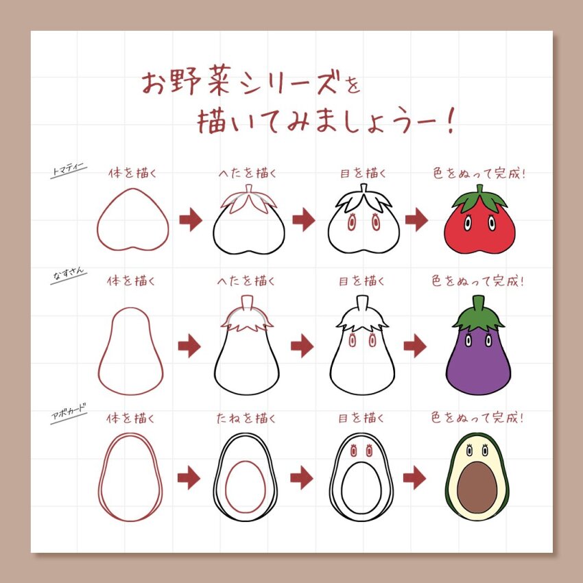 arrow_(symbol) avocado avocado_(love_live!) avocado_slice border brown_border character_name eggplant food grid_background link!_like!_love_live! love_live! matsurugi_tsukasa nasu-san_(love_live!) no_humans tomati_(love_live!) tomato vegetable white_background