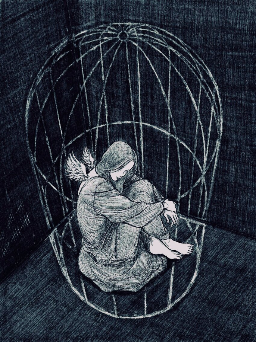 1girl black_background black_hair cage greyscale highres in_cage indoors long_hair mini_wings monochrome original sitting solo tally tp_p_pt wings