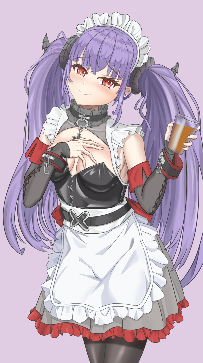 1girl absurdres alternate_costume apron azur_lane black_horns black_pantyhose breasts closed_mouth cross cup curled_horns dress drinking_glass enmaided felix_schultz_(azur_lane) felix_schultz_(sweet_sleepy_&quot;revenge&quot;)_(azur_lane) frilled_dress frills grey_dress hands_up highres holding holding_cup horns iron_cross light_blush long_hair looking_at_viewer maid maid_headdress medium_breasts official_alternate_costume pantyhose purple_background purple_hair red_eyes simple_background smile solo twintails waist_apron white_apron xdl