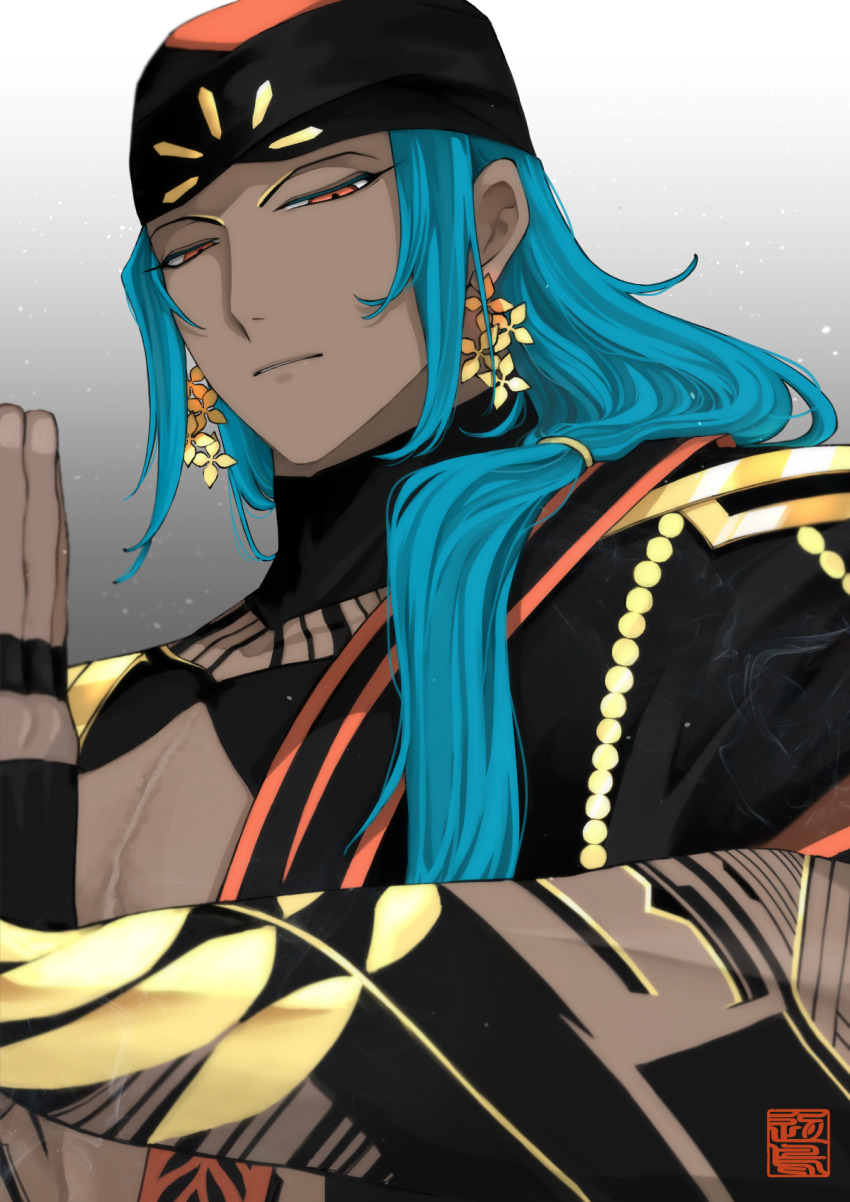 1boy ashoka_(fate) black_turban blue_hair dark-skinned_male dark_skin earrings fate/grand_order fate_(series) flower flower_earrings gold_trim gradient_background hair_ornament hair_over_shoulder highres indian_clothes jewelry leaf light_blue_hair long_hair looking_at_viewer male_focus own_hands_together pectorals petori1902 solo turban yellow_eyes