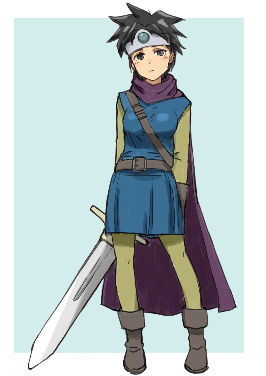 1girl absurdres belt black_eyes black_hair blue_background blue_dress blush boots border breasts brown_belt brown_boots brown_gloves cape circlet closed_mouth commentary dragon_quest dragon_quest_iii dress expressionless full_body gloves green_leggings green_shirt haldeco heroine_(dq3) highres holding holding_sword holding_weapon leggings long_sleeves outside_border purple_cape roto_(dq3) shirt short_hair silver_circlet simple_background small_breasts solo spiked_hair standing strap sword tomboy very_short_hair weapon white_border