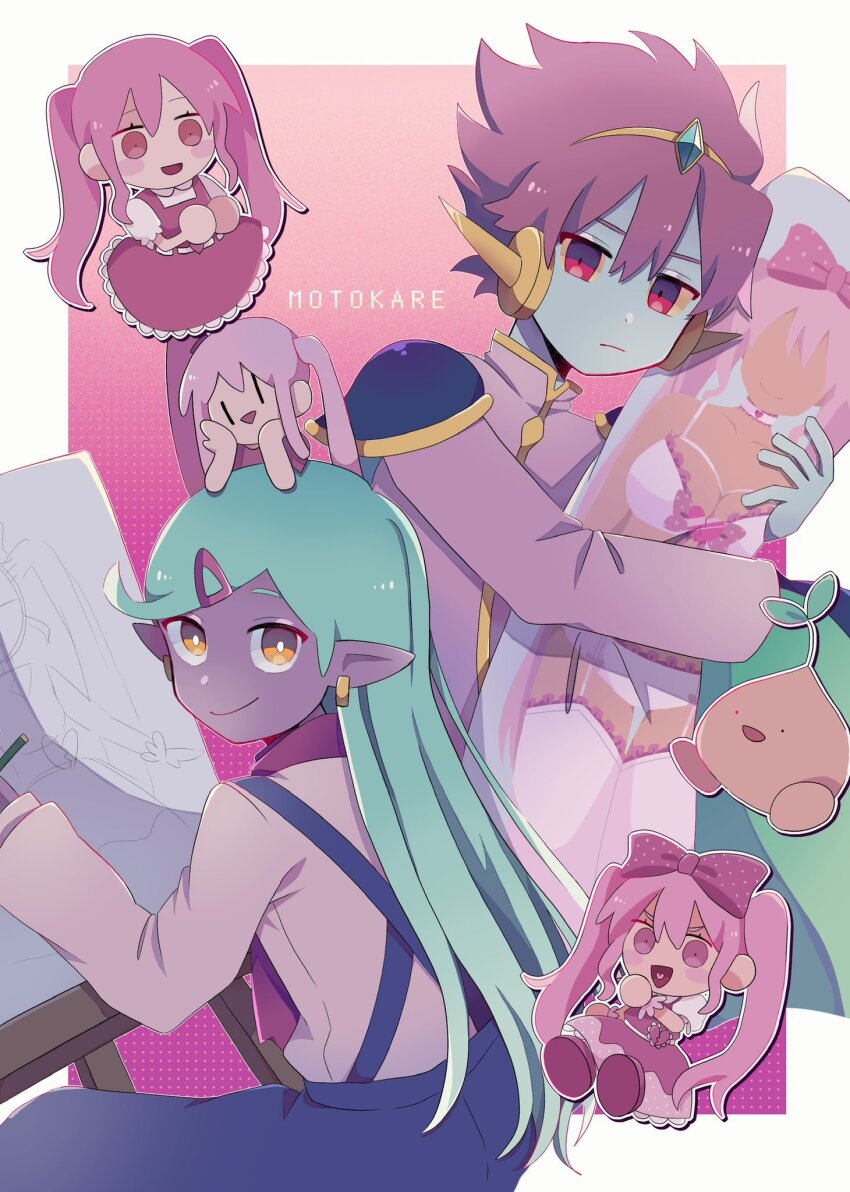 2boys 3girls amane_(ama_yzk00) blue_overalls blue_skin blush bow brown_eyes cape captain_spaceboy closed_mouth colored_sclera colored_skin dakimakura_(object) dark-skinned_female dark_skin dress ear_piercing easel green_cape green_hair hair_bow hair_ornament hairclip highres long_hair long_sleeves multiple_boys multiple_girls mutantheart_(omori) omori open_mouth overalls perfectheart_(omori) piercing pillow pink_bow pink_dress pink_eyes pink_hair pink_shirt pointy_ears polka_dot polka_dot_bow red_eyes rococo_(omori) shirt short_hair smile sprout_mole sweetheart_(omori) swept_bangs twintails yellow_sclera