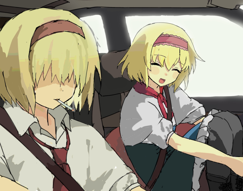 2girls alice_margatroid blonde_hair blue_dress capelet car_interior cigarette closed_eyes commentary_request cookie_(touhou) dress frilled_hairband frills grey_pantyhose hair_over_eyes hairband highres ichigo_(cookie) jigen_(cookie) multiple_girls okkei open_mouth pantyhose red_hairband seatbelt short_hair sitting smile smoking touhou white_capelet