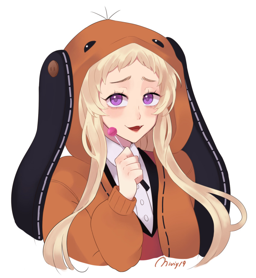 1girl animal_hood blonde_hair candy fang food highres holding holding_candy holding_food holding_lollipop hood hoodie hyakkaou_academy_school_uniform kakegurui lollipop miviy19 open_mouth purple_eyes school_uniform simple_background smile solo white_background yomozuki_runa